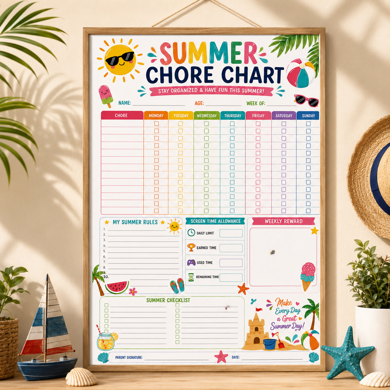 Summer Chore Chart daily task Bundle Editable Canva Templates printable 2 Summer Chore Chart