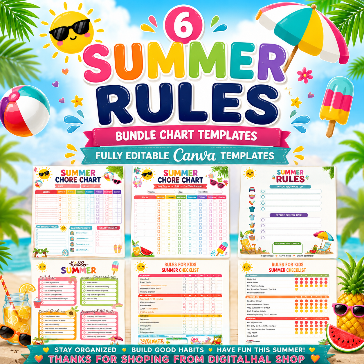 Summer Chore Chart daily task Bundle Editable Canva Templates printable 1 Summer Chore Chart