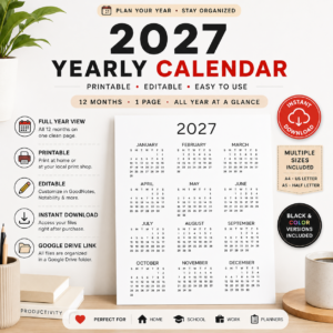 Yearly calendar 2027 Printable, Editable Wall Calendar Template